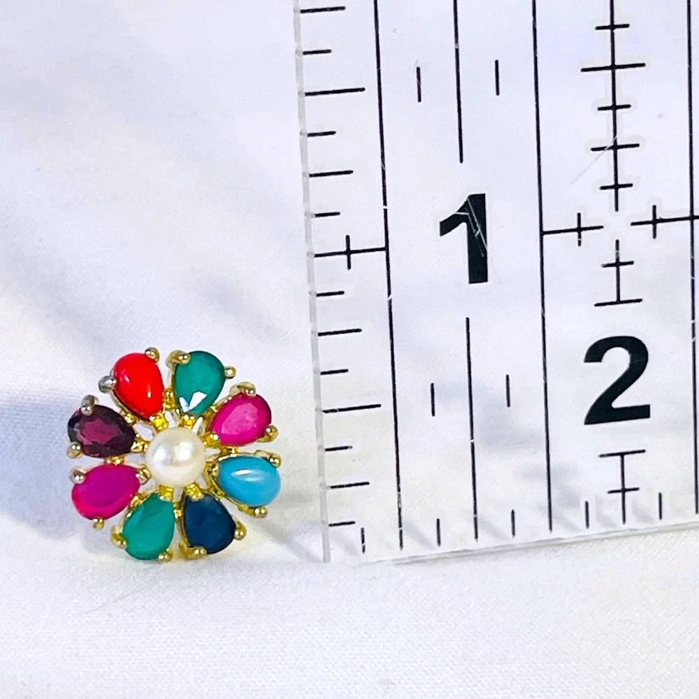 Vintage Multicolor Flower Stud Earrings Gold Tone Faux Pearl Jewel Tone‎ Floral